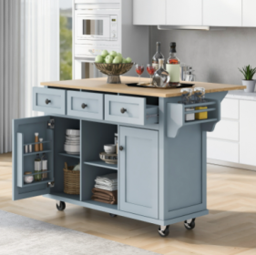 Kitchen Cart With Rubberwood Drop-Leaf Countertop, Cabinet, Storage Racks (Color: Blue)