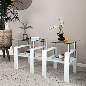 2-Pc Modern Tempered Glass Coffee Tea End Tables For Living Room (Color: White)