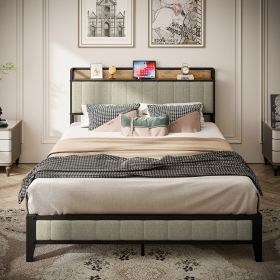 Queen Size Bed Frame With Charging Station, Upholstered Headboard, Metal Platform, Grey (Option: BlackGrey)