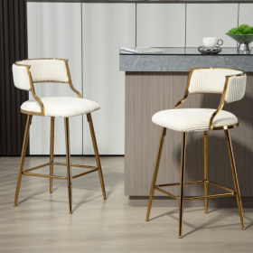 SET OF 2,26 Counter Height Bar Stools Corduroy Kitchen Island Counter Bar Stool With Back,golden Chromed Base And Footrest (Color: Beige)