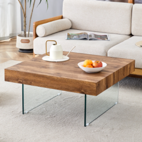Natural Style Square MDF Coffee Table - 31.5x31.5 With Tempered Glass Legs.Density Board Sticker,Reinforced Glass (Option: Natural Wood)