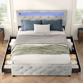 Upholstered Platform Storage Bed Frame With 4 Drawers And LED Light,No Box Spring Needed (Option: FULL)