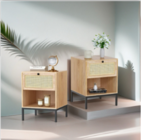 Wooden Nightstand With Woven Rattan Drawer Front - Stylish & Functional, Perfect For Home Decor (Option: 2Pack)