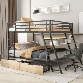 Full Size Metal Bunk Bed With Built-in Desk, Light And 2 Drawers, Black (Color: Black)