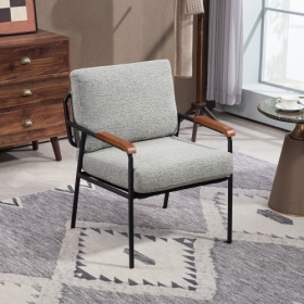 Modern Accent Chair With Natural Wood Armrests And Black Metal Frame, Light Beige Upholstered Seat And Backrest, Comfortable Lounge Chair For Bed (Color: Grey)