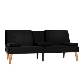 Modern Velvet Upholstered Futon Sofa Bed With 2 Cup Holders For Living Room (Color: Black)