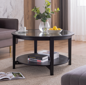 Round Glass Topped Solid Wood Storage Coffee Table, Black (Color: Black)
