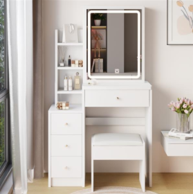 Small Size Left Bedside Table, Dressing Table With Soft Cushion Stool, Oversized Touch Sliding LED Mirror, Tri Color Switching, Adjustable Bright (Color: White)